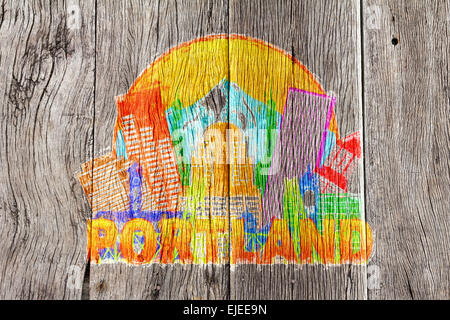 Portland Oregon Umriss Silhouette mit City Skyline Downtown Kreis Farbe Text auf Holz Hintergrund impressionistischen Abbildung Stockfoto