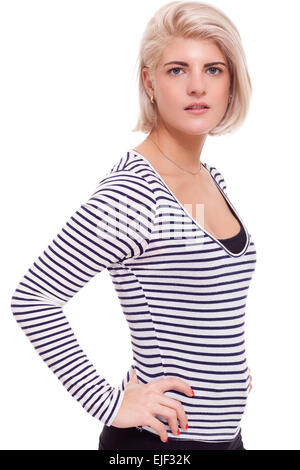 Portrait of Smiling ziemlich Blond Frau tragen Black und White Stripe Shirt während schaut in die Kamera hautnah. Gefangen in St Stockfoto