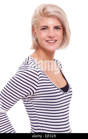 Portrait of Smiling ziemlich Blond Frau tragen Black und White Stripe Shirt während schaut in die Kamera hautnah. Gefangen in St Stockfoto