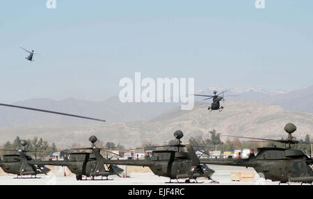 Mehrere OH-58 D Kiowa Warrior Hubschrauber sitzen auf dem Flug Linie von Jalalabad Flugplatz in Afghanistan 17. Februar 2008, als zwei andere fahren auf einer Mission.  SPC. George Welcome veröffentlicht Stockfoto