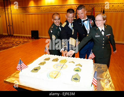 Schneiden die Armee Geburtstagstorte auf dem 2009 Armee alle Reihen Geburtstag Ball sind US Armee Alaska NCO des Jahres, Staff Sgt Neftali Bonilla; USARAK stellvertretender Kommandeur, Oberst Edward Daly; USARAK Command Sergeant Major David Turnbull; und USARAK Soldier of the Year, Spc. Jill Johnson. Bildnachweis: Staff Sgt Ryan Creel.  Lesen Sie mehr von Alaska Soldaten feiern Armys 234. Geburtstag am /-news/2009/06/09/22376-alaska-soldiers-celebrate-armys-234th-birthday / / Stockfoto