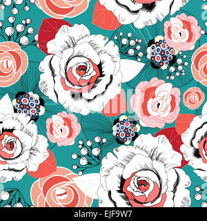 sanfte Sommer Blumenmuster mit Rosen auf grünem Hintergrund Stockfoto