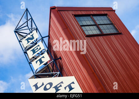 Anmeldung über das Net Loft Einkaufszentrum auf Granville Island, Vancouver Stockfoto