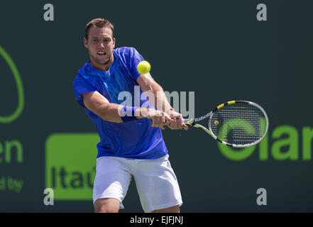 Key Biscayne, FL, USA. 25. März 2015. Key Biscayne, FL - 25 März: Jack Sock(USA) in Aktion hier besiegt gehen Soeda(JPN) 36 46 in der ersten Runde bei den Miami Open in Key Biscayne, FL. Andrew Patron/Zuma Draht Bildnachweis statt: Andrew Patron/ZUMA Draht/Alamy Live News Stockfoto