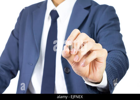 Geschäftsmann schreiben transparente Leinwand oder Glas Board Isolated on White Background. Geschäftsmann, zeichnen etwas auf Transparent Stockfoto