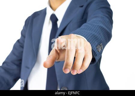 Geschäftsmann Touchscreen durch Verwendung Finger drücken. Drücken der Geschäftsmann isoliert Stockfoto