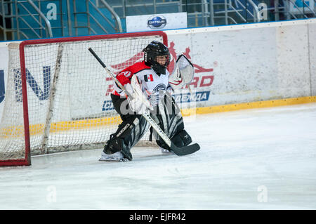 ORENBURG, Region ORENBURG, Russland - 13.03.2015: ein Eishockeyspiel zwischen den Teams der Kirow und Udmurtische Republik 3 Phase der allrussischen Wettbewerb der jungen Hockey-Spieler "Gold Puck". Stockfoto