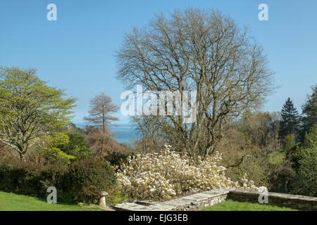 Blick vom Belvedere in Coleton Fishacre Haus auf den Garten und das Meer in der Ferne Kingswear, Devon, England, UK. Stockfoto