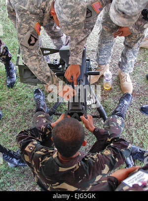 Ft. MAGSAYSAY, Philippinen AP - Soldaten zugewiesen, 1. Bataillon, 294th Infanterie-Regiment, Guam National Guard, weist philippinischen Soldaten wie man richtig eine Maschinengewehr Feuer während der Übung Balikatan 2009.    Die Übung vereint die U.S./Republic von den Philippinen um Bereitschaft im Falle einer Naturkatastrophe zu gewährleisten.        Jährliche Balikatan 2009 Übung am Fort Magsaysay beginnt /-news/2009/04/24/20160-annual-balikatan-2009-exercise-at-fort-magsaysay-begins/index.html Stockfoto