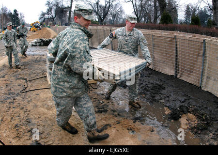 US Armee Sgt. 1. Klasse Douglas Carr, links, und Spc. Matthew Perkins, 8817th Ingenieur-Unternehmen, tragen einen Teil der HESCO zusammenklappbar Barriere 24. März 2009, Fargo, N.D. Abschnitte der zusammenklappbaren Barriere sind vernetzt zusammen und gefüllt mit Sand Schaffung eines Sperrwerks Fluten des Roten Flusses zu blockieren.   Senior Master Sergeant David H. Lipp.  Guard hilft stammen, Überschwemmungen in Red River Valley /-news/2009/03/24/18621-guard-helps-stem-flooding-in-red-river-valley/ Stockfoto