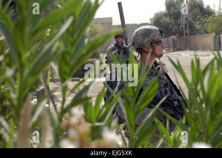 SPC. Justin Davis Vordergrund, Infanterist aus Walkertown, N.C., und Staff Sgt Robert Warmack Hintergrund, eine Infanterie-Squad-Leader von Cove City, NC, beide zugewiesenen Unternehmen A, 252. kombiniert Arme Bataillon, 30. Heavy Brigade Combat Team, Suche bewachsenen Vegetation während einer gemeinsamen Cache und Sprengstoff fegen in Douro, Bagdad, Juni 10. "Wir überprüfen, dass diese Häuser aufgegeben, weil Bösewichte Waffenlager und Sprengstoff in diesen setzen", sagte Warmack. "Es ist eine große abschreckende Wirkung für die bösen Jungs, wenn wir hier mehr sind." Bildnachweis: Staff Sgt Mark Burell.   /  / Stockfoto