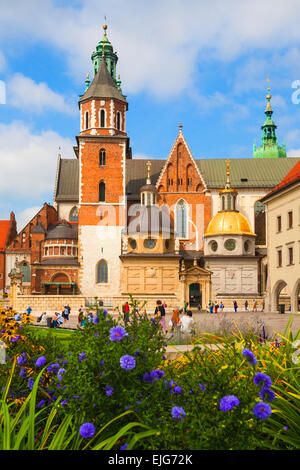 Malerische Wirkung des Wawel Schloss und Kathedrale auf dem Wawel Hill mit Blumen im Vordergrund, Krakau, Polen im September Stockfoto