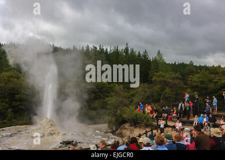 Menschen, die gerade für die Lady Knox Geyser durchbrechenden im Wai-O-Tapu Thermal Wonderland, Nordinsel, Neuseeland. Stockfoto