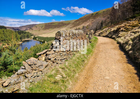 Schönen, sonnigen Frühlingstag im oberen Derwent Valley in Derbyshire. Flauschige weiße Wolken am blauen Himmel. Stockfoto