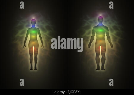 Menschliche Energie-Körper-Silhouette mit Aura und Chakren Stockfoto