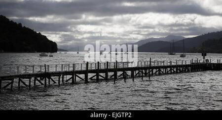 Fließende Wolken in Marlborough Sound Bucht. Marlborough Sound, Neuseeland, Südinsel Stockfoto