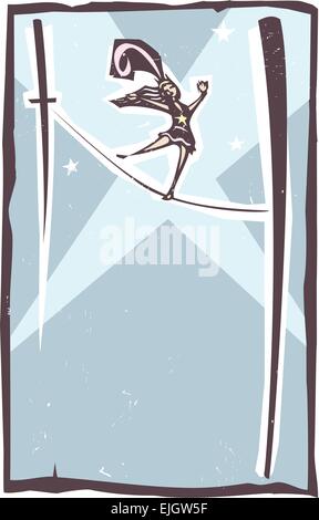 Holzschnitt-Stil Bild ein Zirkusartist eine Gratwanderung in einem Scheinwerfer Stock Vektor