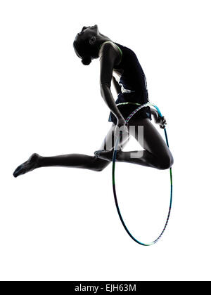 eine Kaukasische Frau Ausübung rhythmische Gymnastik in der Silhouette isoliert auf weißem Hintergrund Stockfoto