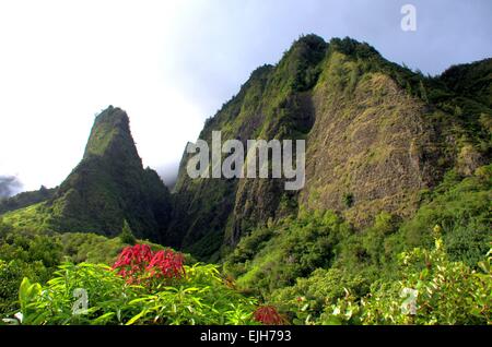 Iao Needle, Maui, Hawaii, USA. Malerische touristische Zielort. Tropisches Paradies mit üppiger Vegetation. Stockfoto