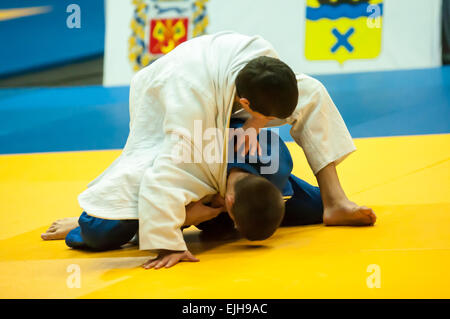 ORENBURG, ORENBURG Region, Russland, 29. Oktober 2014 Jahr. All-Russischen Judo-Turnier in Erinnerung an Viktor Chernomyrdin. Zwei judoka Stockfoto