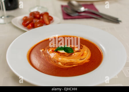 Tomatensuppe mit Basilikum und Rahm in weißer Teller Stockfoto