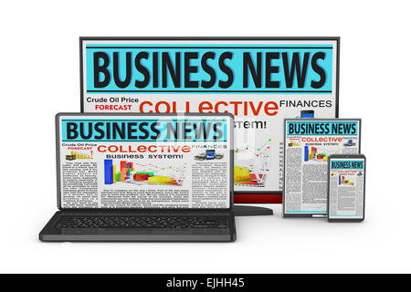 Laptop, Monitor, Tablet und Smartphone mit Business-News auf dem Bildschirm. Stockfoto