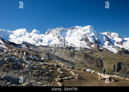 Sicht auf die Berge, Castor, Pollux, Breithorn und Klein Matterhorn vom Rothorn Station, Zermatt Stockfoto