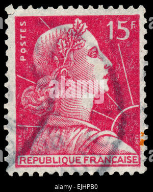 Frankreich - ca. 1955: Briefmarke gedruckt in Frankreich zeigt, Marianne (Louis-Charles Muller Design), ca. 1955. Stockfoto