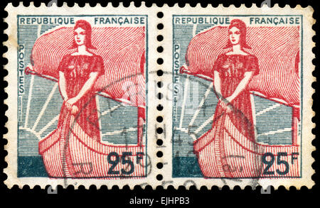 Frankreich - ca. 1959: Briefmarke gedruckt in Frankreich zeigt Marianne im Bundesland, ca. 1959. Stockfoto