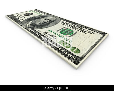Puzzle mit einem Bild von einer Dollarnote auf weißem Hintergrund Stockfoto
