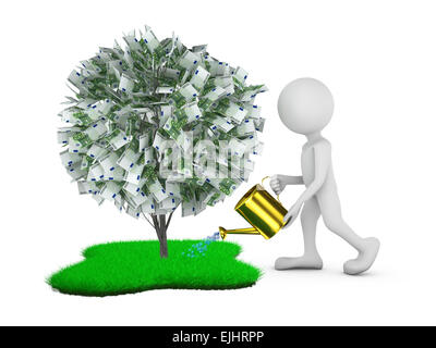 Baum mit Euro-Scheine auf dem grünen Rasen Bewässerung Mann Stockfoto