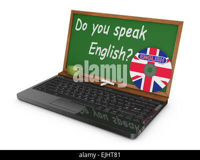 -Laptop mit CD und Kreide Board statt des Bildschirms, auf dem geschrieben sprechen Sie Englisch? Stockfoto