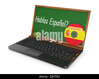 -Laptop mit CD und Kreide Board statt des Bildschirms, auf dem geschrieben sprechen Sie Spanisch? Stockfoto