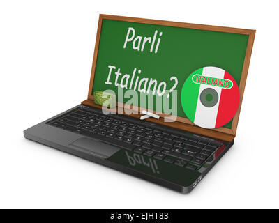 -Laptop mit CD und Kreide Board statt des Bildschirms, auf dem geschrieben sprechen Sie Italienisch? Stockfoto