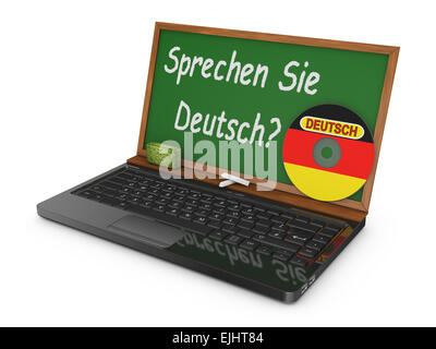 -Laptop mit CD und Kreide Board statt des Bildschirms, auf dem geschrieben sprechen Sie Deutsch? Stockfoto