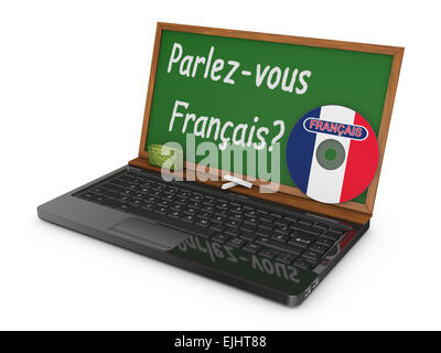 -Laptop mit CD und Kreide Board statt des Bildschirms, auf dem geschrieben sprechen Sie Französisch? Stockfoto