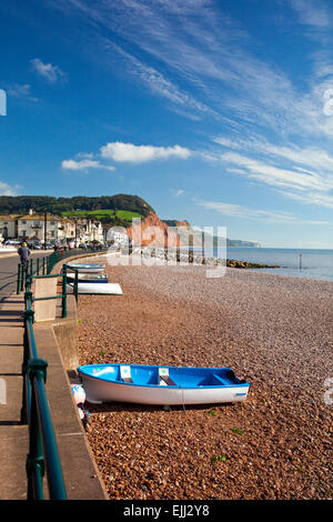 Ruderboote am Kiesstrand bei Sidmouth, Devon, England, UK Stockfoto