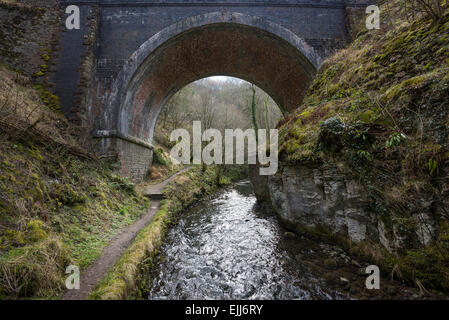 Alte Eisenbahnbrücke auf der Monsal trail über den Fluss Wye in Chee Dale, Derbyshire. Weg am Ufer des Flusses. Stockfoto