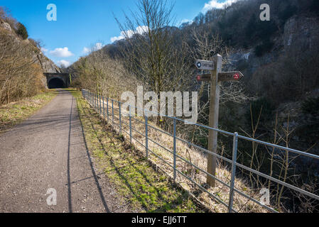 Melden Sie Post auf dem Monsal Trail im Peak District, Derbyshire. Frühling Sonnenschein auf den Weg zu einer der Tunnel. Stockfoto