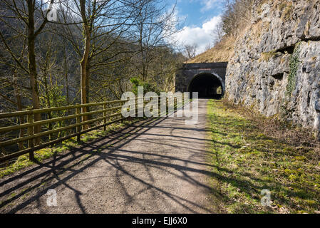 Frühling Sonne wirft Schatten auf der Monsal Trail im Peak District, Derbyshire. Blick auf einer der vielen Tunnel. Stockfoto