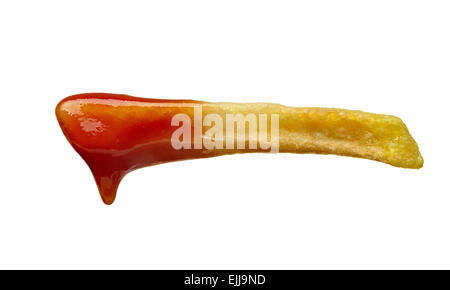 Nahaufnahme von Pommes Frites und Ketchup auf weißem Hintergrund mit Beschneidungspfad Stockfoto