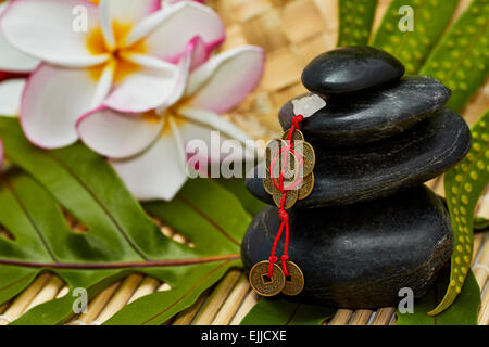 Glatten schwarzen Felsen mit Feng Shui chinesische Münzen als Glücksbringer auf Farn Blatt und Bambus-Matte mit Plumerias gestapelt Stockfoto