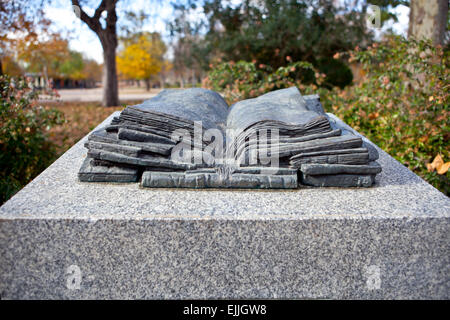 Open Bronce Skulptur des Buches im Retiro Park in Madrid, Spanien. Herbst-Saison Stockfoto