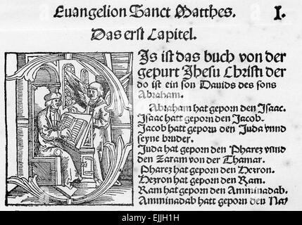 Anfang des Evangeliums von Matthew in Luthers 1522 deutsche Übersetzung des neuen Testaments Stockfoto