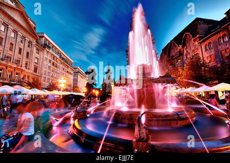 Starke Lichter auf den Brunnen mit Fisch in Timisoara, Rumänien. Stockfoto