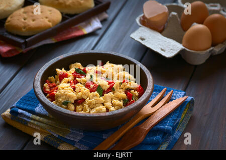 Rührei mit Paprika und Frühlingszwiebeln in rustikalen Schüssel mit geröstetem Brot und Eiern in den Rücken gemacht Stockfoto
