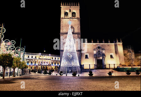 Domplatz mit Weihnachten led Licht Baum, Badajoz, Spanien Stockfoto