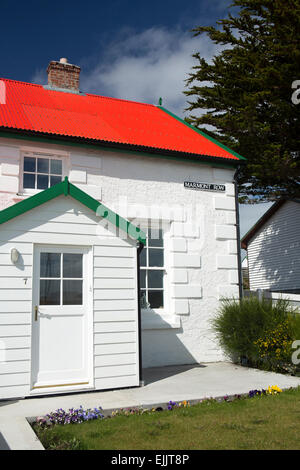 Falkland, Port Stanley, Sieg grün, Marmont Reihe, weiß getünchten Haus am Meer mit rotem Dach Stockfoto