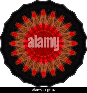 Mandala-Blume-Abbildung in rot, schwarz und Gold-Tönen, gesetzt auf einem weißen Hintergrund. Stockfoto