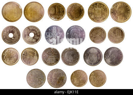 verschiedene alte spanische Münzen isoliert auf weißem Hintergrund Stockfoto